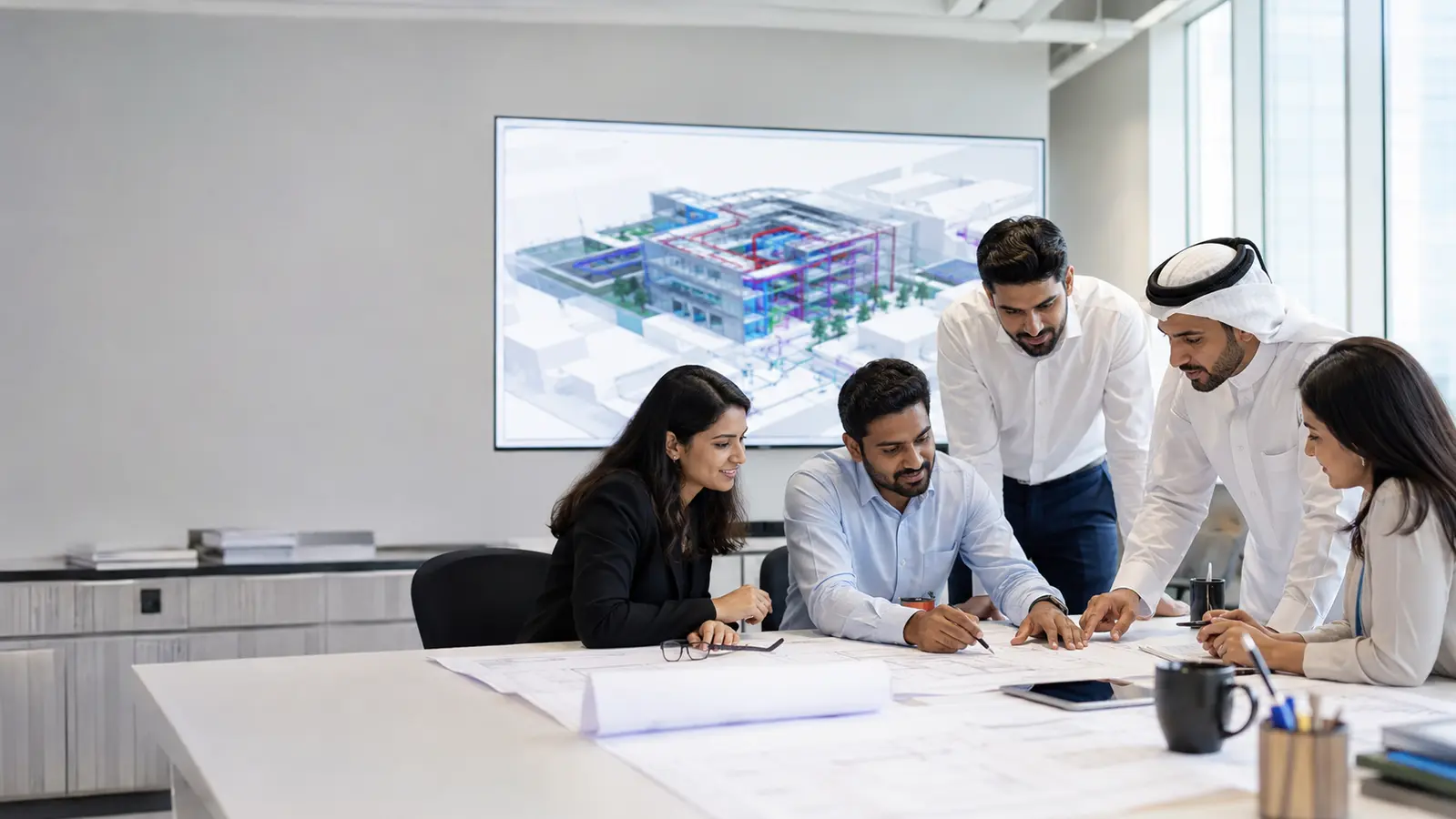 Multidisciplinary architects engineers and BIM professionals collaborating in a design studio