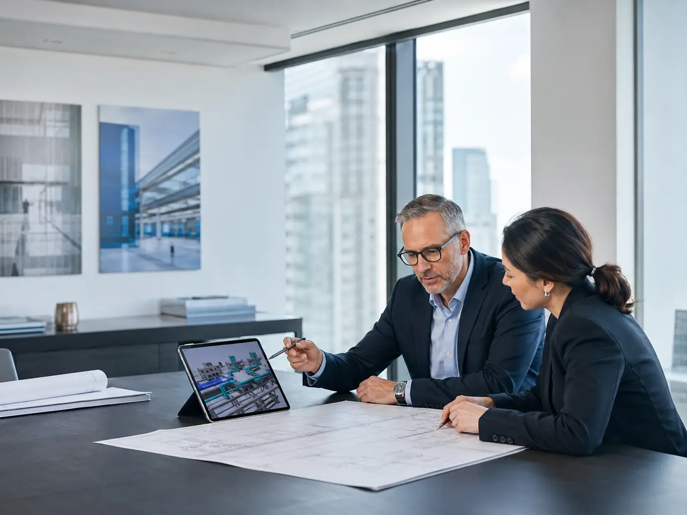 Client discussing an international building project with an engineering design consultant