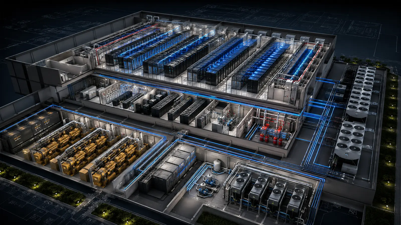 Technical data centre cutaway showing critical power cooling and fire systems