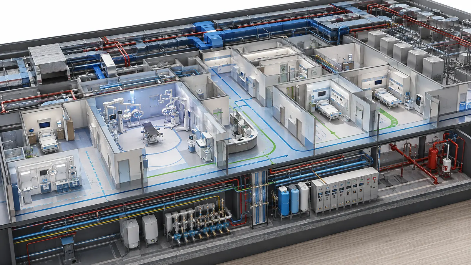 Technical healthcare cutaway showing clinical ventilation and essential building systems