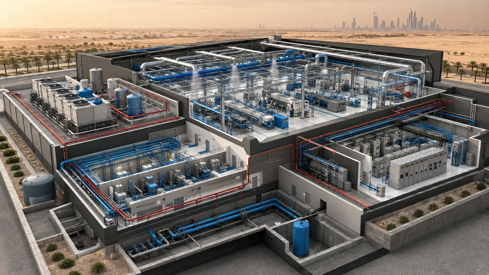 Technical industrial facility cutaway showing utilities ventilation power and fire systems